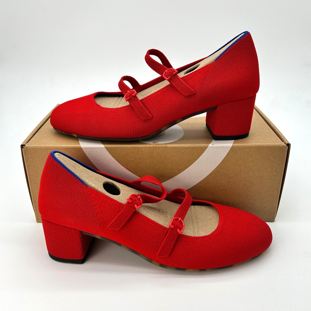 Rothy's The Double Buckle Mary Jane Heel Sz. 7.5 Bright Red Sustainable Knit NEW